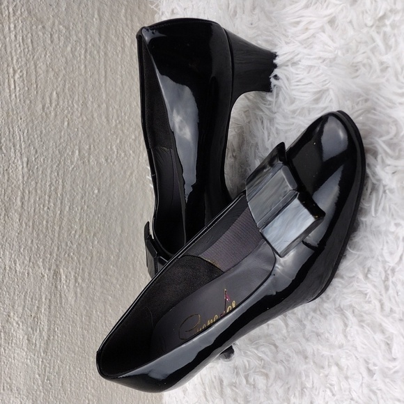 Serenades by Florsheim Vintage Black Patent Leather Square Toe Slip-On Pump Shoe - Picture 1 of 16